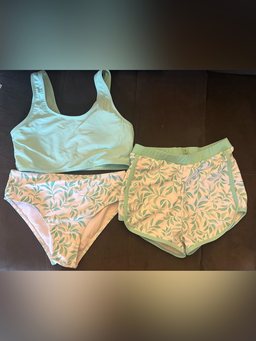 Girls Mint Leaf Swim Sports Bra with Matching Bottoms and Shorts
